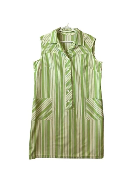 Vintage 60's Womens Dress Handmade Green White Stripe Sleeveless Shift 14 16 - Picture 6 of 15